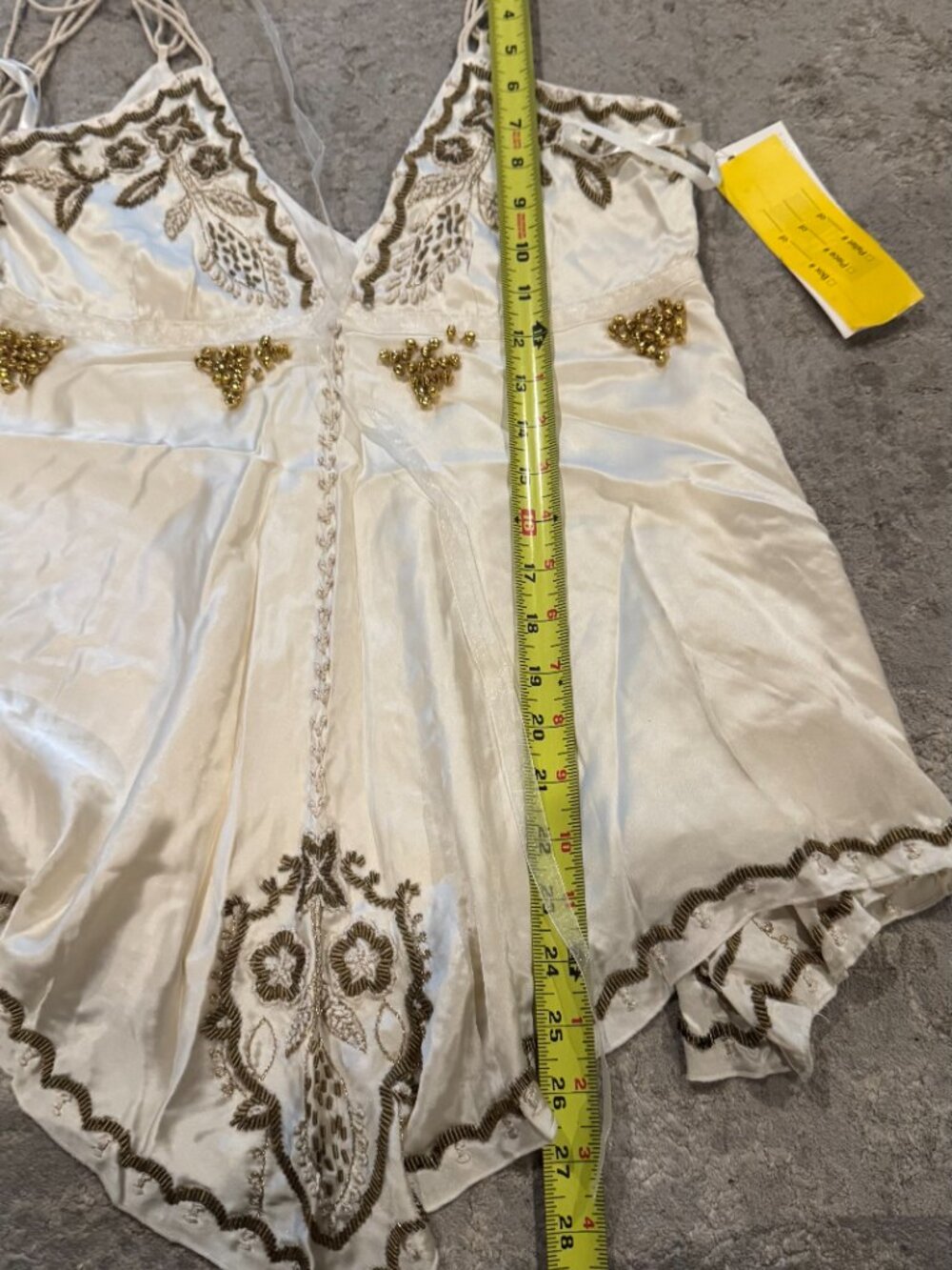 Sue Wong Silk Chiffon Y2K Handkerchief V Camisole Ivory Cream Gold Crochet Top 8 - Picture 15 of 16
